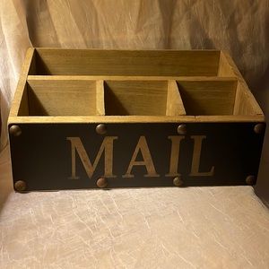 Mail wooden organizer- slanted up. Has 4 sections & says mail on front w/tacks